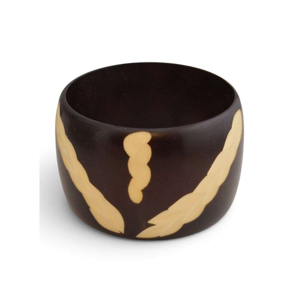 Vintage Wide Dark Brown Lucite Bangle Cream Leaf Bracelet